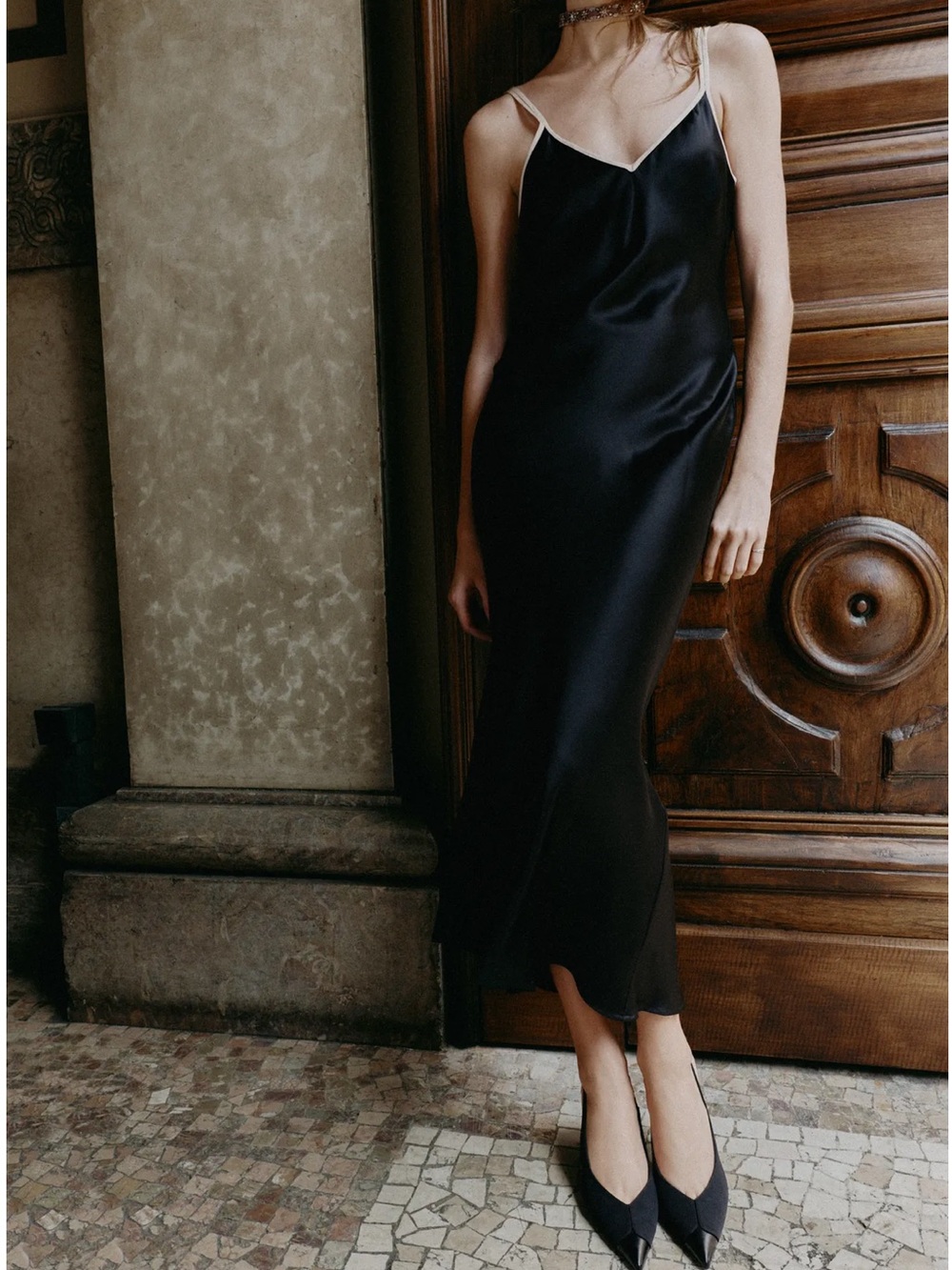 Zara Black Satin Slip Dress with Contrast Spaghetti Straps